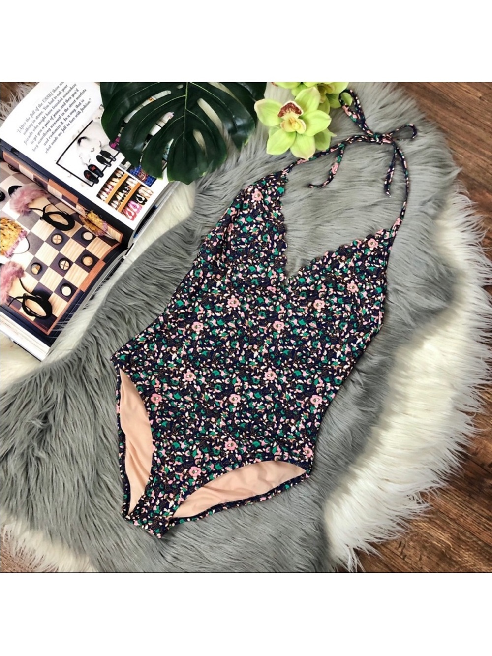 J. Crew Floral Scallop Halter One-Piece Swimsuit